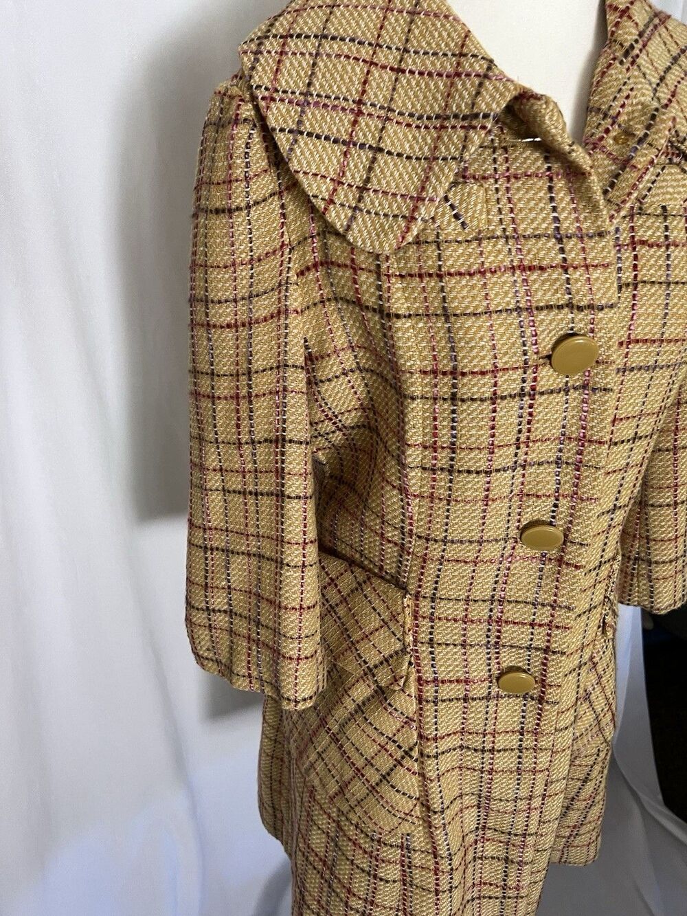 Tulle Pea Coat Jacket Yellow plaid  Tweed wool blend 3/4 Sleeve large